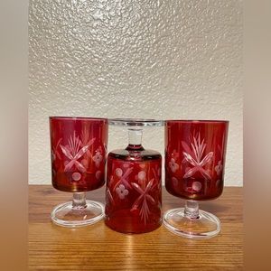 Vintage Etched Cranberry Shot Glasses 6Oz